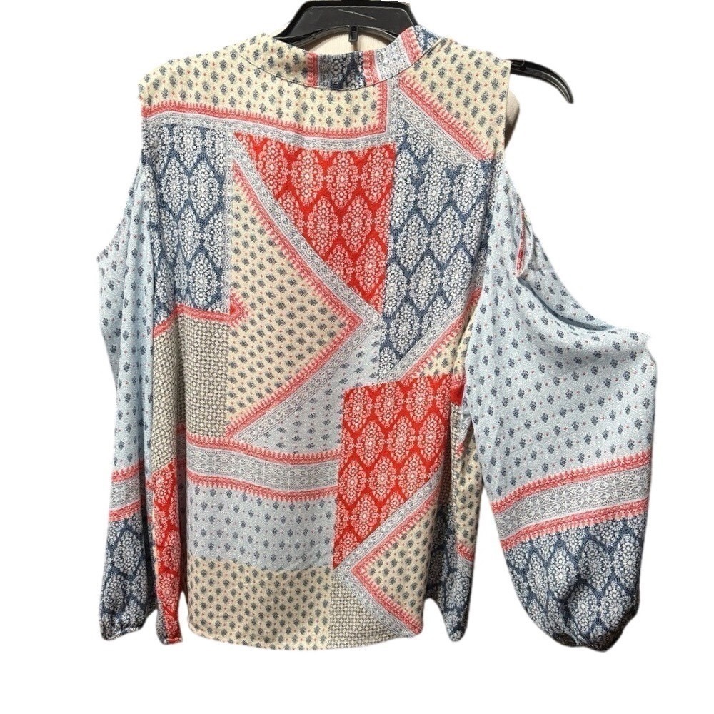 Chicos Top Womens 2 Cold Shoulder Tie Neck Red Blue Patchwork Medallion Wove NWT